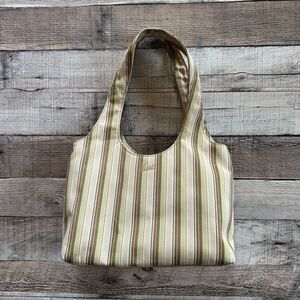 Fossil Y2K Striped Canvas Shoulder Bag Tote Green Brown Boho Casual Everyday